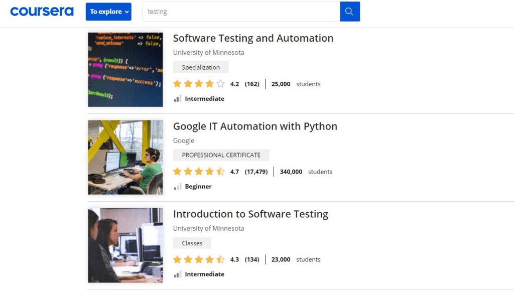 coursera free websites for software testers